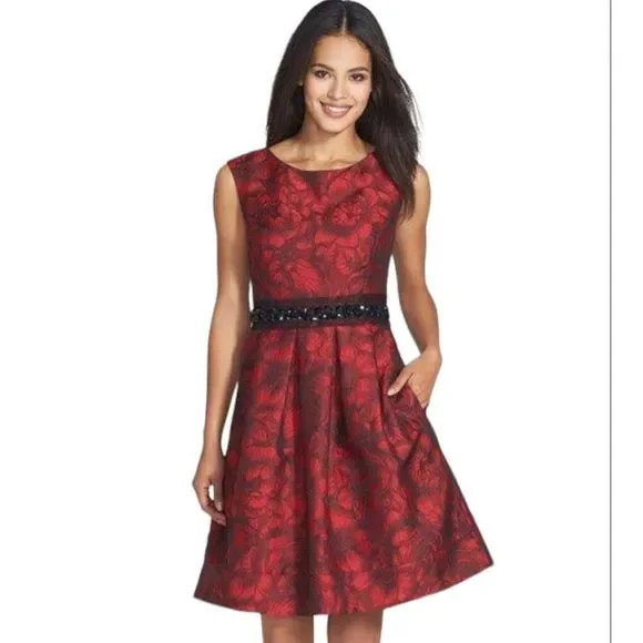 Eliza J | Dresses | Eliza J Red Floral Brocaid Fit And Flare Dress 6 |  Poshmark